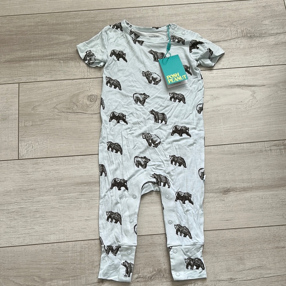 NWT Posh Peanut Bamboo Kodiak Romper with Bear Print